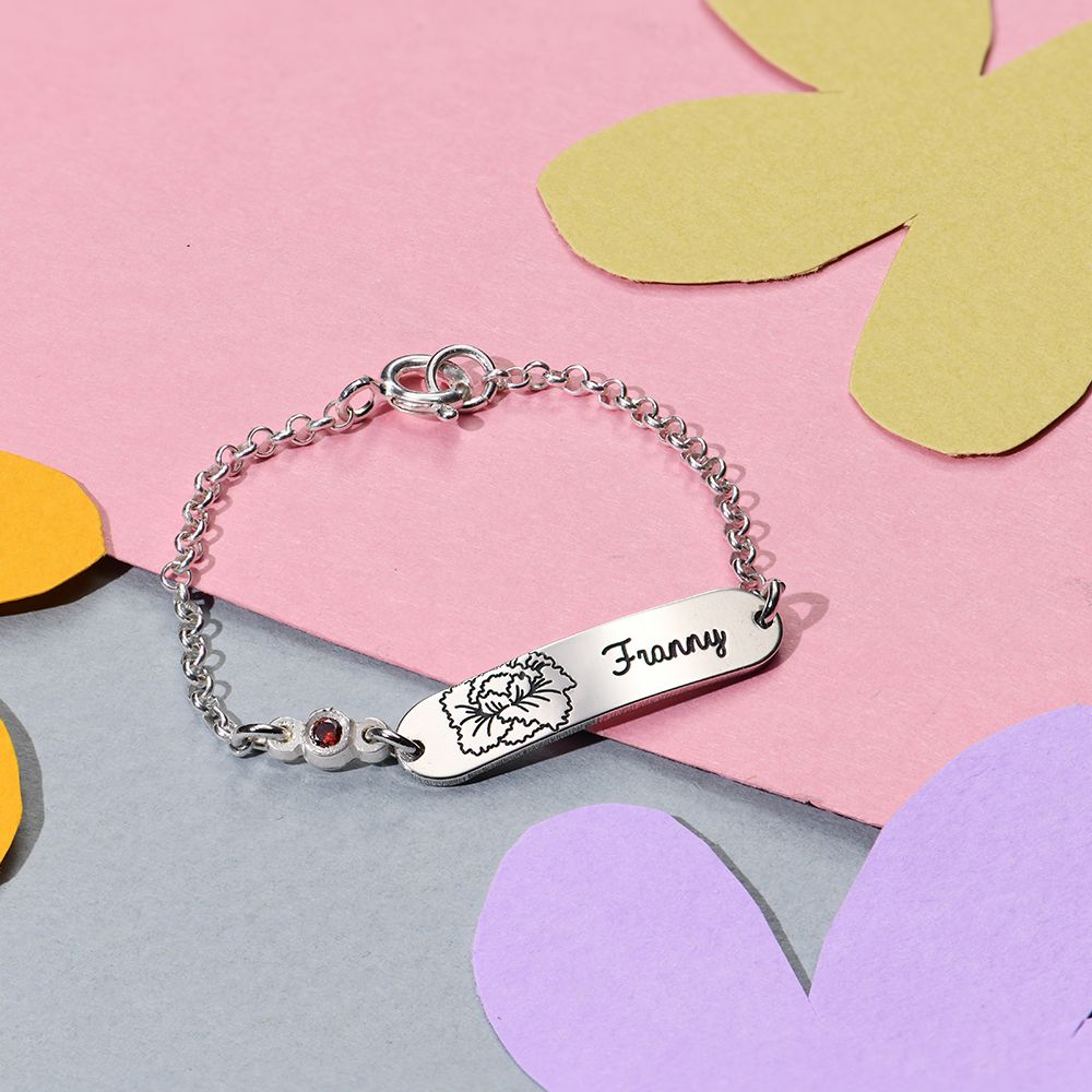 925 Silver Lyla Baby Name Bracelet with Birth Flower